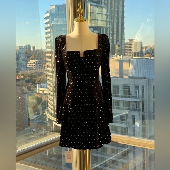 🆕 SELF-PORTRAIT 🧿 NWOT Black Velvet Diamante Mini Dress - Picture 3 of 16